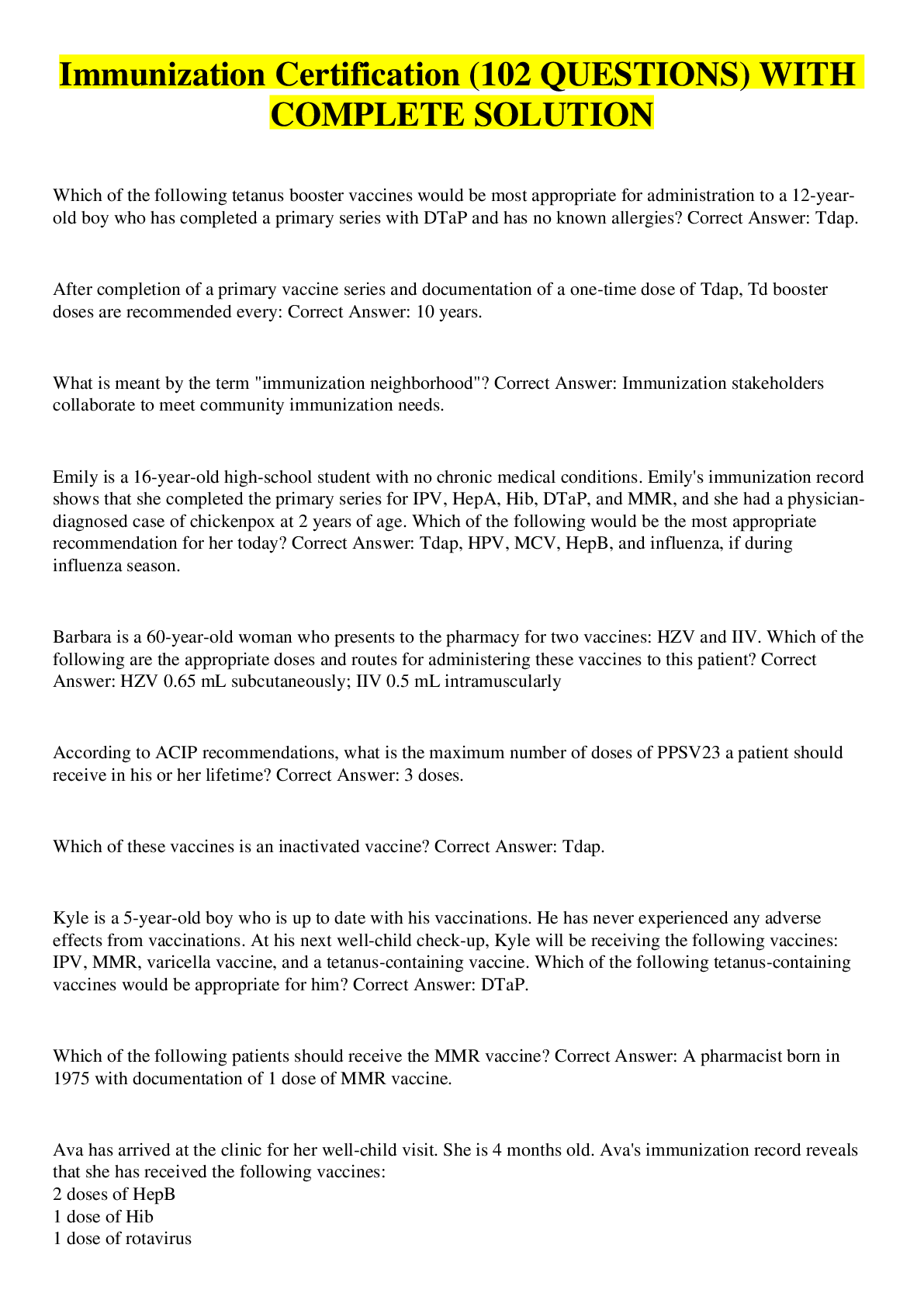 Immunization Certification (102 QUESTIONS) WITH COMPLETE SOLUTION Browsegrades